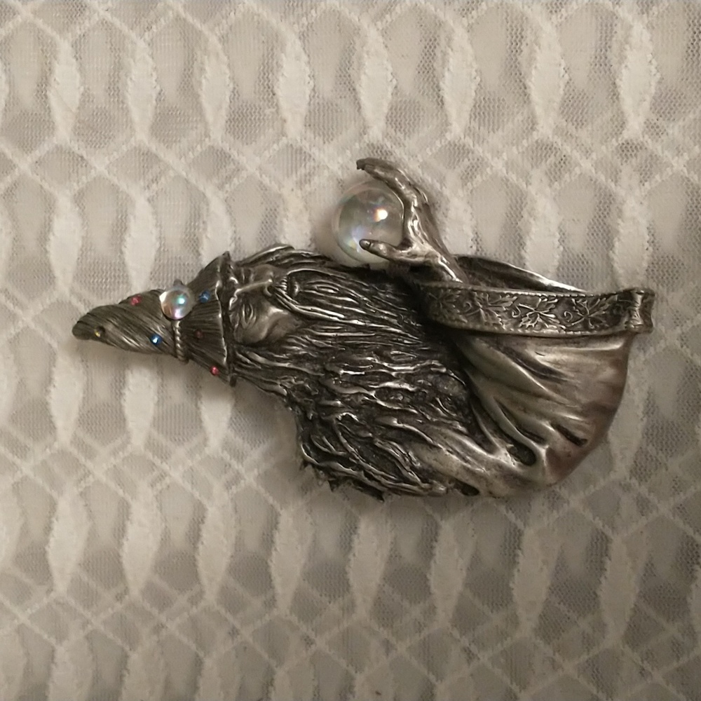 Vintage JJ Jonette Merlin Wizard Rhinestone Crystal Ball Magician Brooch Pin 4"